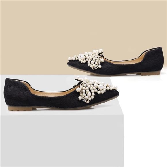 Pearl Decoration Flat Pointed Shoes Black - Picture 2 of 6